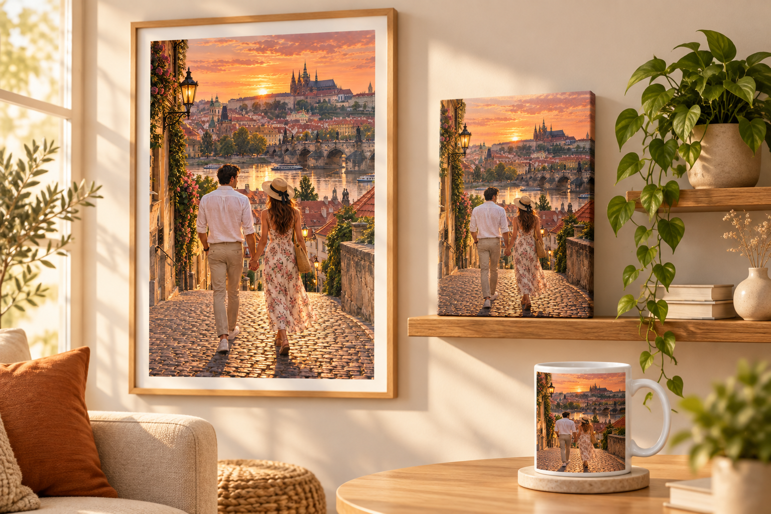 Travel artwork displayed as a framed poster, canvas and mug
