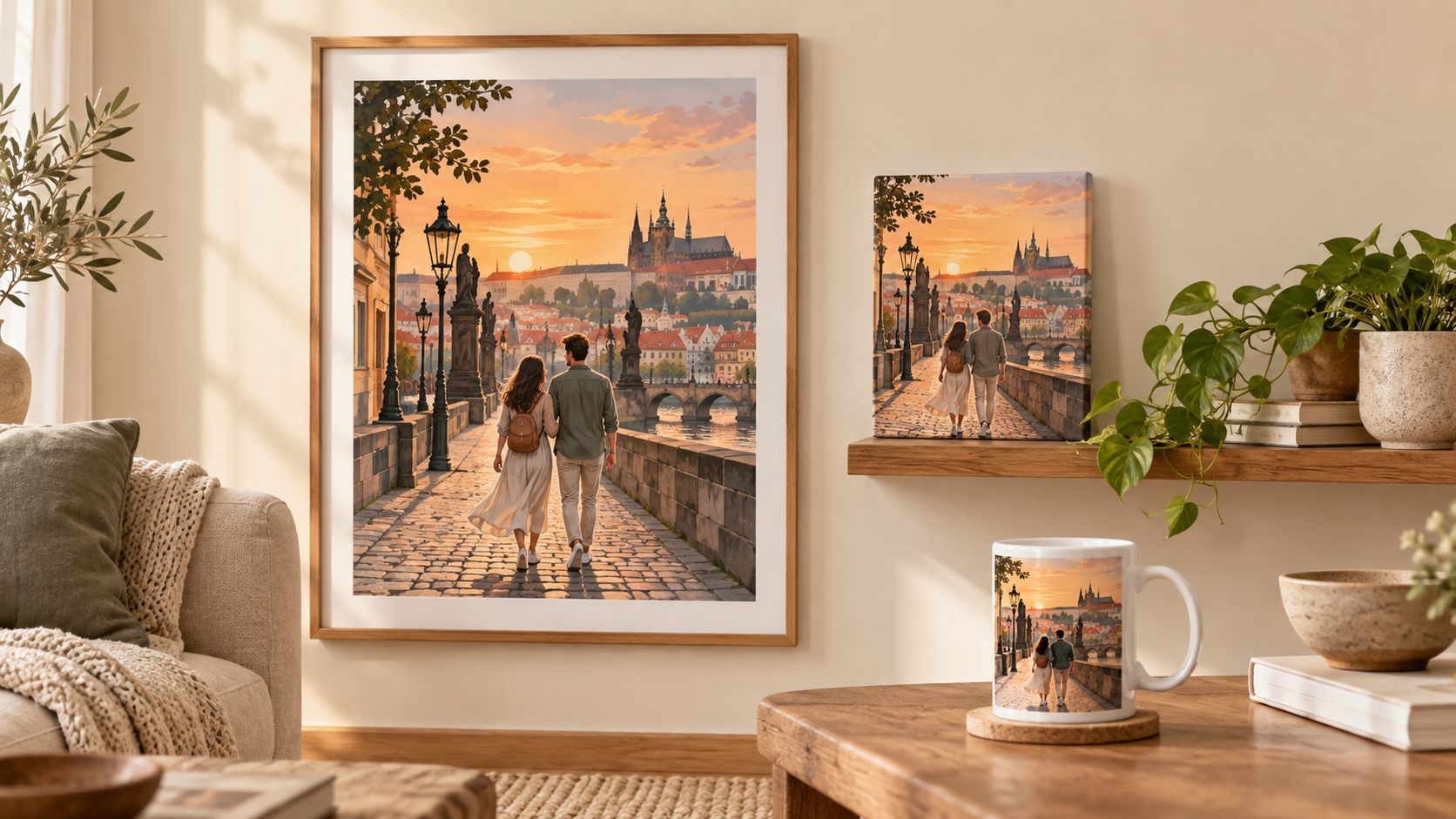 A personal travel artwork shown on a framed poster, canvas and ceramic mug