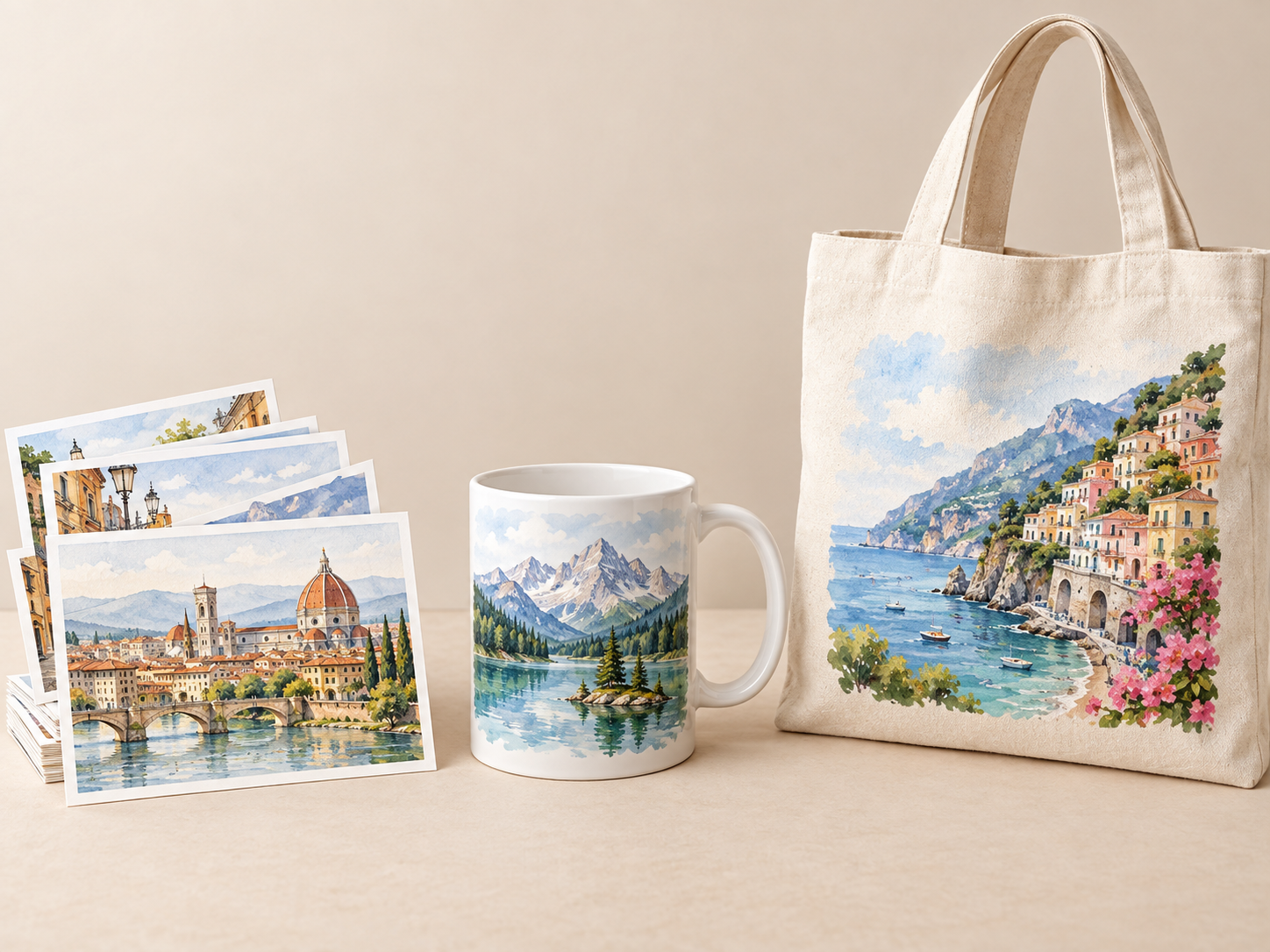 Personal travel artwork on postcards, mug and tote bag