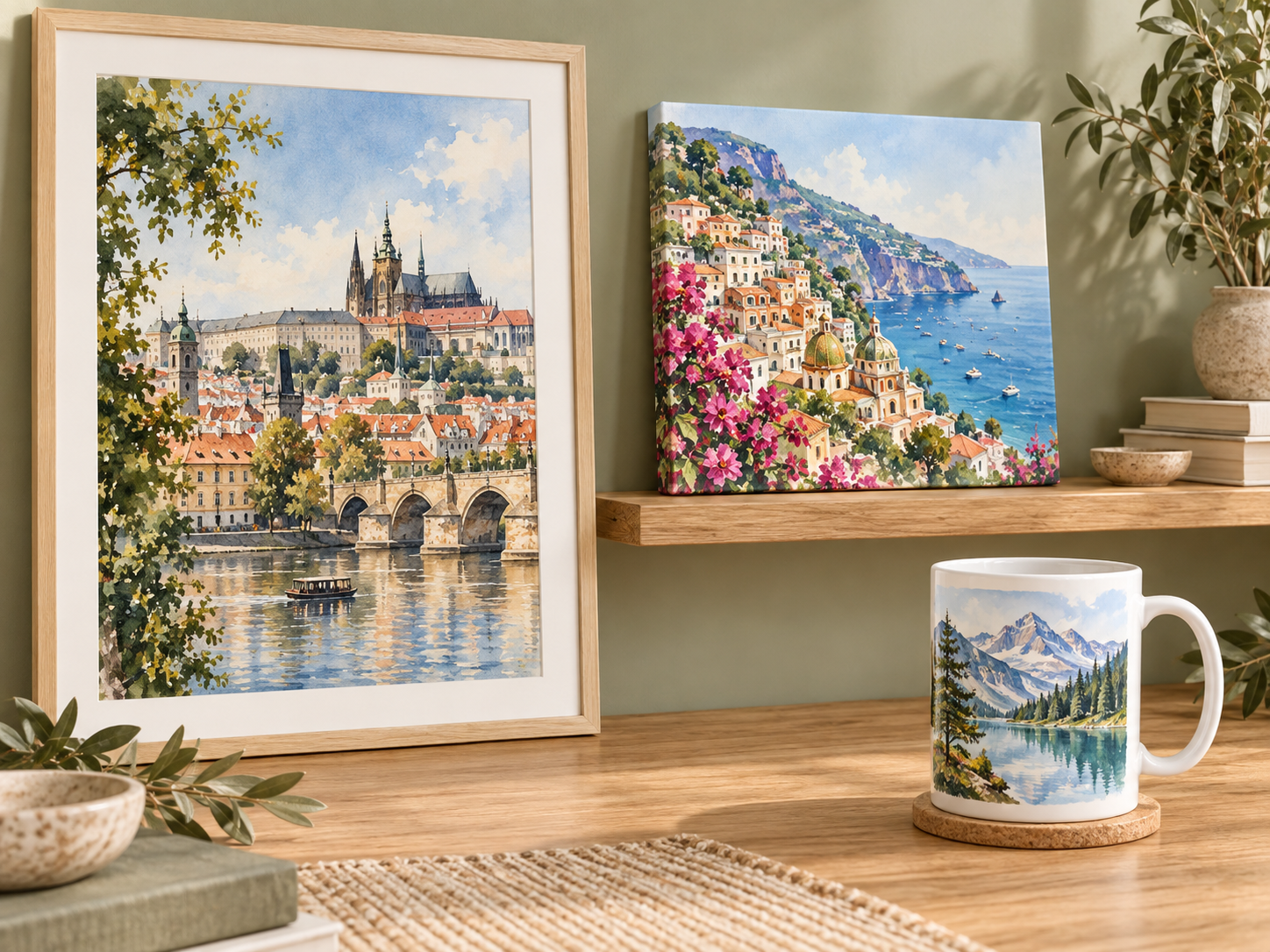 Three different personal travel artworks shown on a framed poster, canvas and ceramic mug