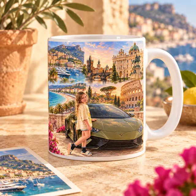 Personalized travel artwork printed on a mug