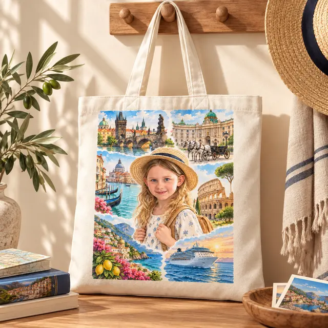 Personalized travel artwork printed on a tote bag